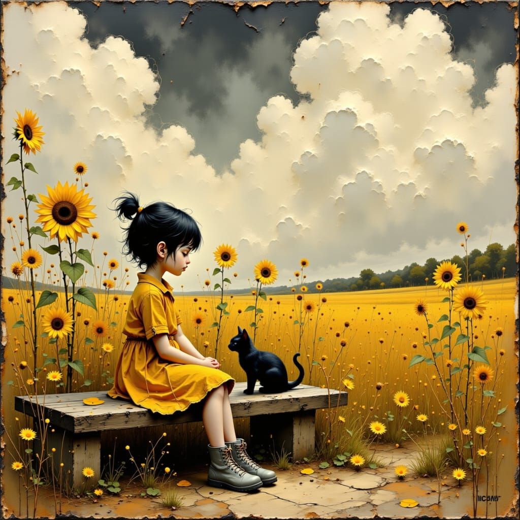 Girl with Cat Among Sunflowers as Impasto Painting