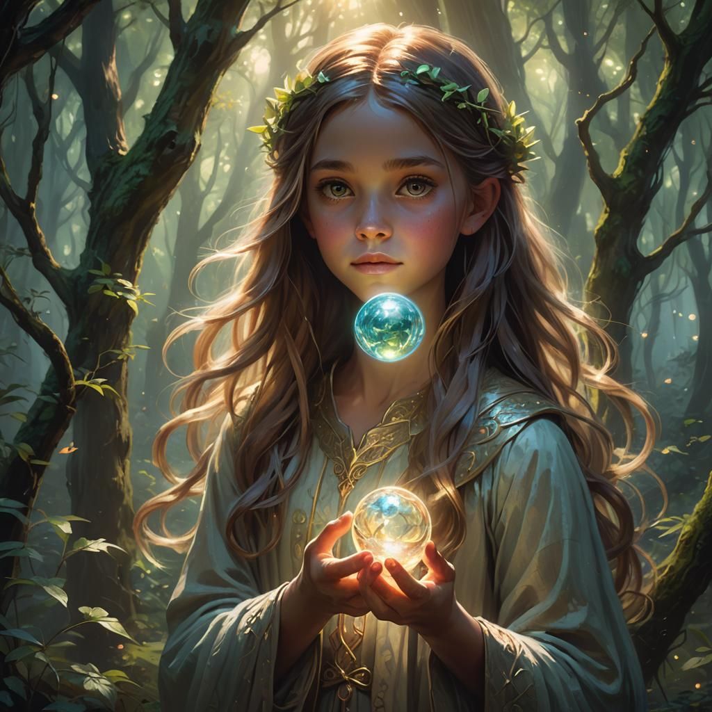 Girl with Glowing Orb in Mystical Forest: Fantasy Art