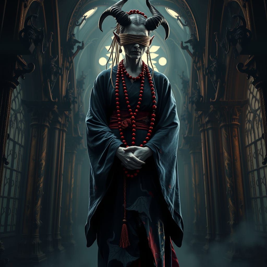 Gothic Geisha with Devilish Features in Dark, Mystical Setti...
