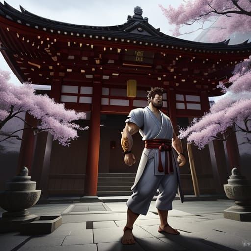 Ryu Stands Ready in a Vibrant, Moonlit Temple Courtyard