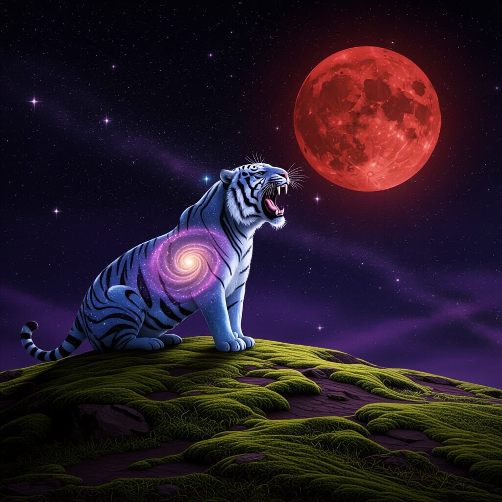 Galaxy Tiger Roaring at Fractured Moon