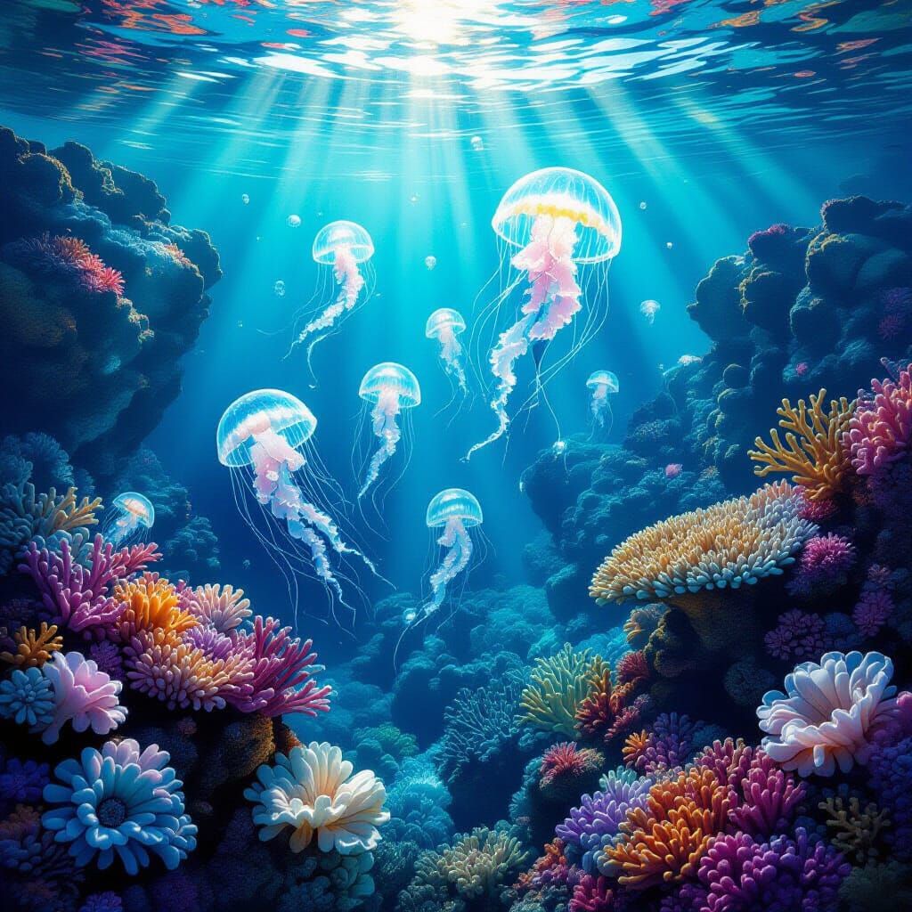 Surreal Sea Glass Coral Reefs With Bioluminescent Jellyfish
