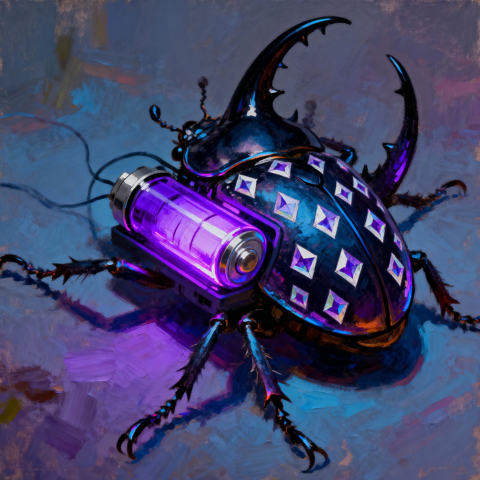 Giant Beetle with Purple Battery Oil Painting