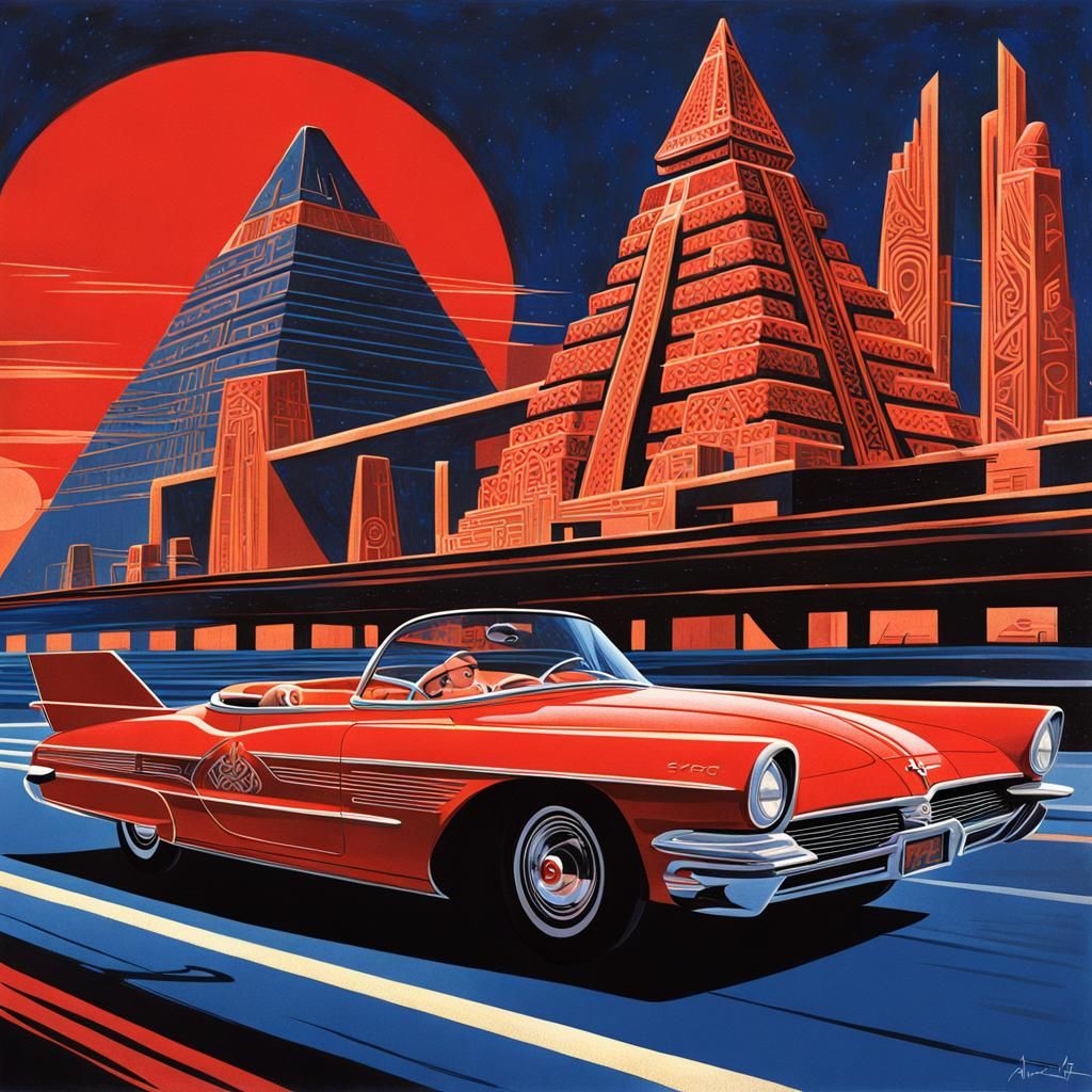 Retro-Futuristic Car Speeds Past Aztec City