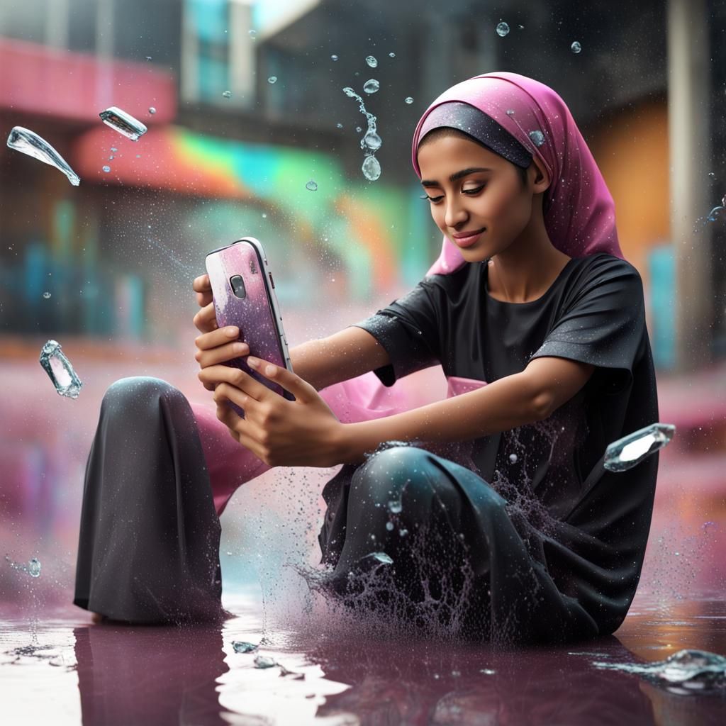Malay Girl in Hijab on Cellphone: 3D Realistic Art
