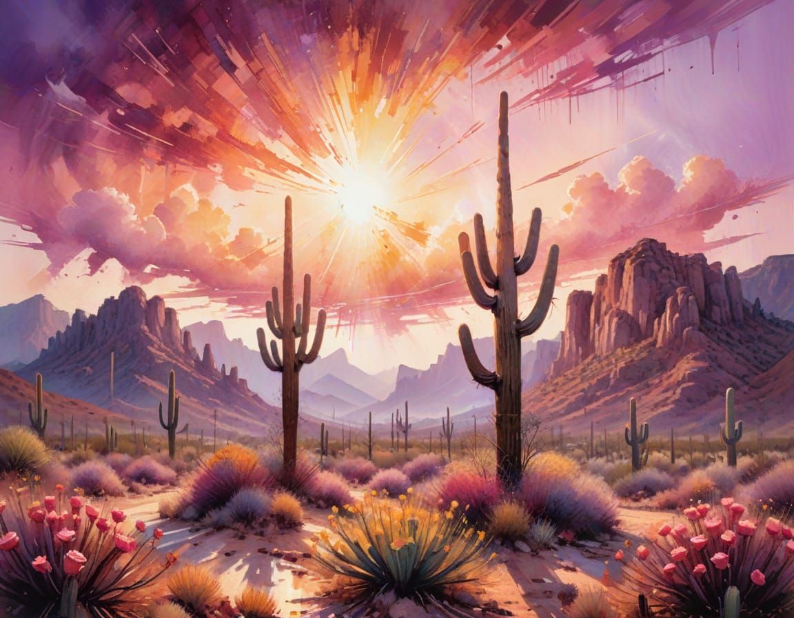 Rose-Gold Desert Canyon in Neo-Impressionist Style