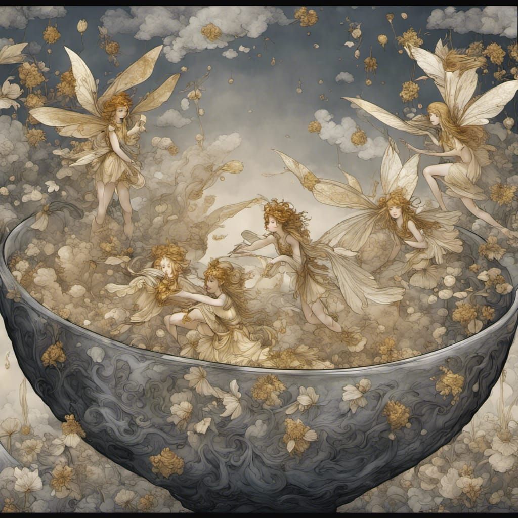 Fairies in Glass Bowls, Arthur Rackham Style