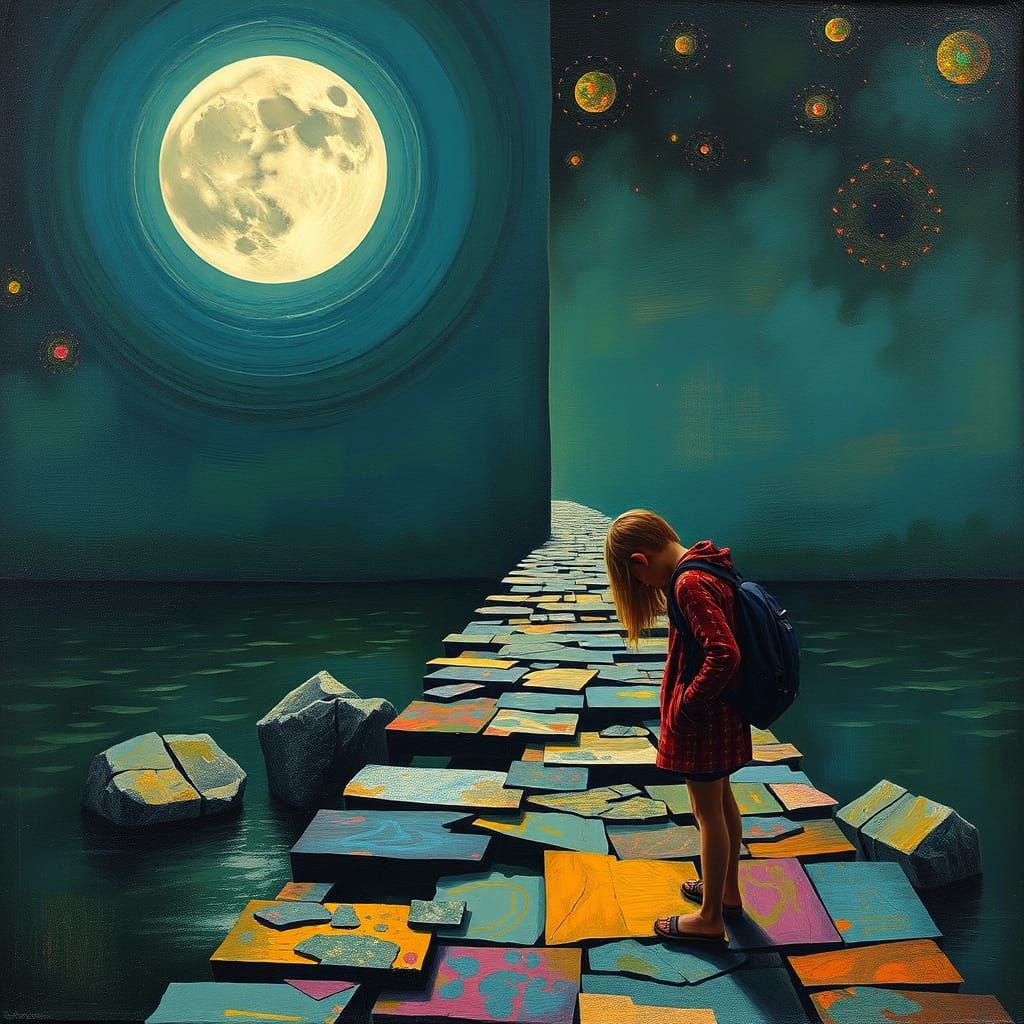 Surreal Lonely Child on Moonlit Bridge