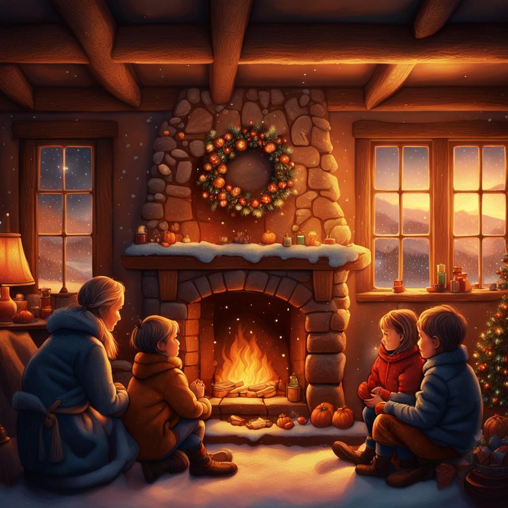 Cozy Family Scene by Fireplace: Digital Matte Painting