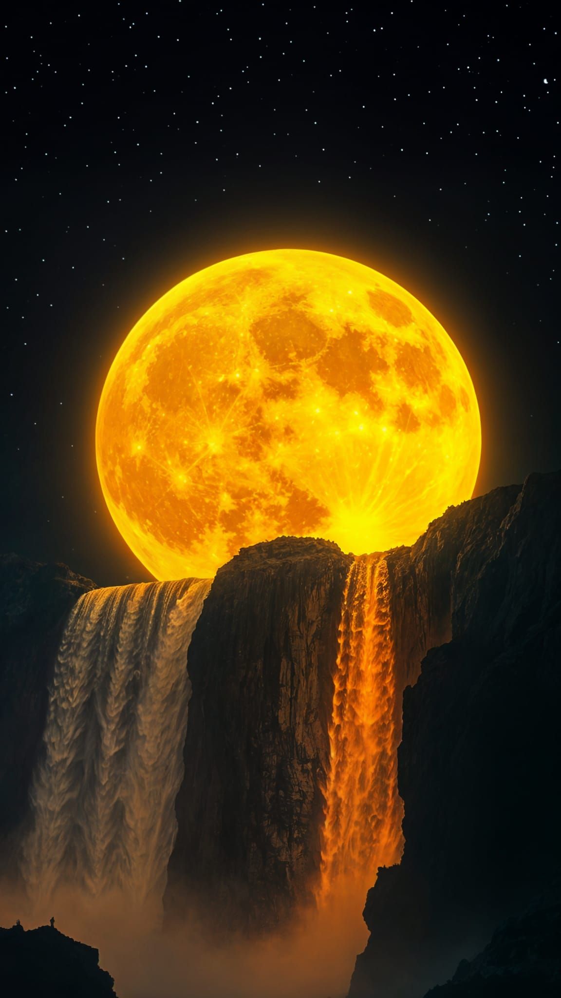 Golden Moon Waterfall in Surreal Night Sky