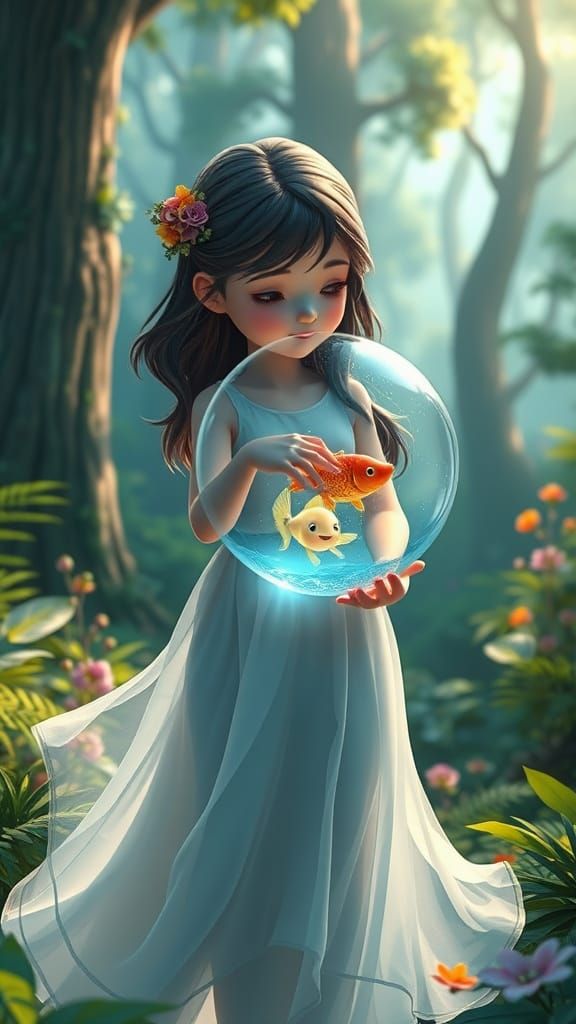 Girl with Glowing Fish in Fantasy Forest, 3D Render