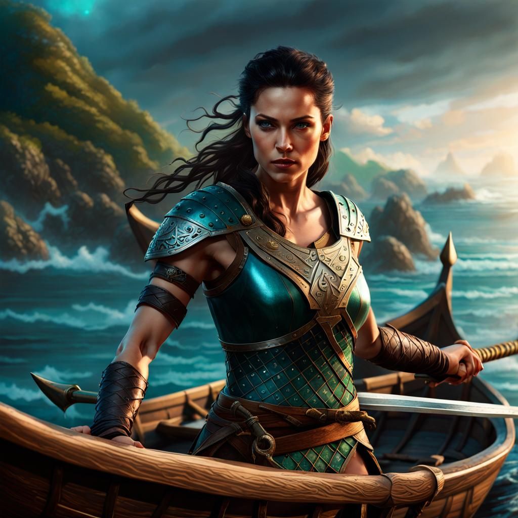 Viking Warrior Princess on Longboat with Sword