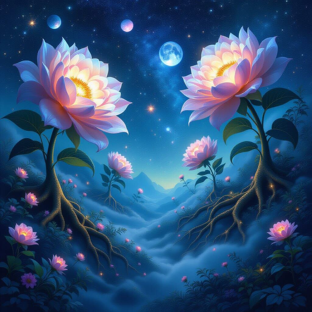 Ethereal Garden Floating in Space with Stardust