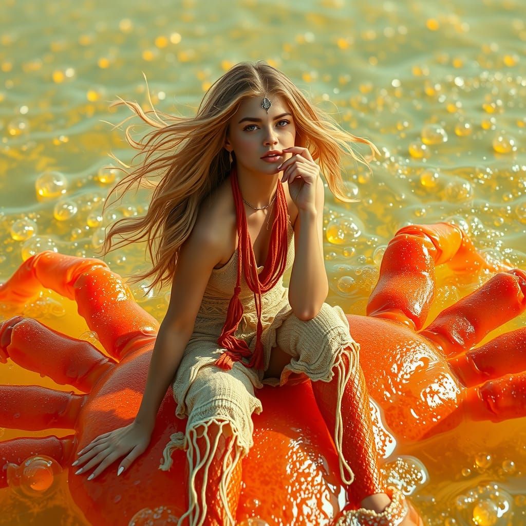 Woman on Gummy Crab in Dreamlike Soda Sea