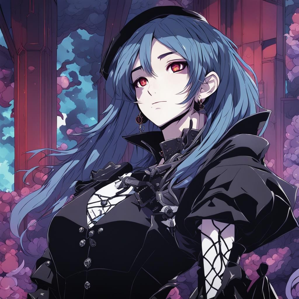 Anime Style Hot Goth Illustration, Cel-Shaded