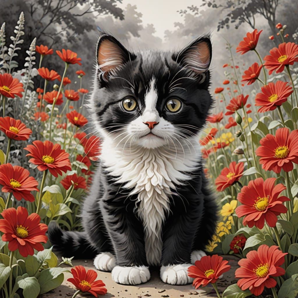 Whimsical Black and White Kitten in a Garden of Red Flowers