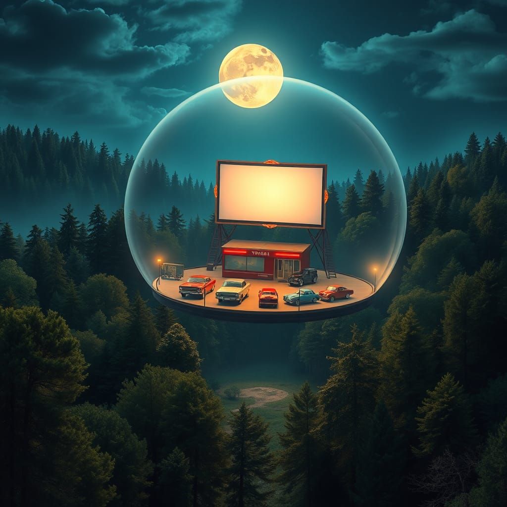 Levitating Retro Drive-In Theater in Luminous Dome