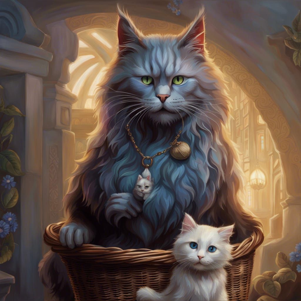 Blue Maine Coon Cat with Kitten, Expressionist Painting