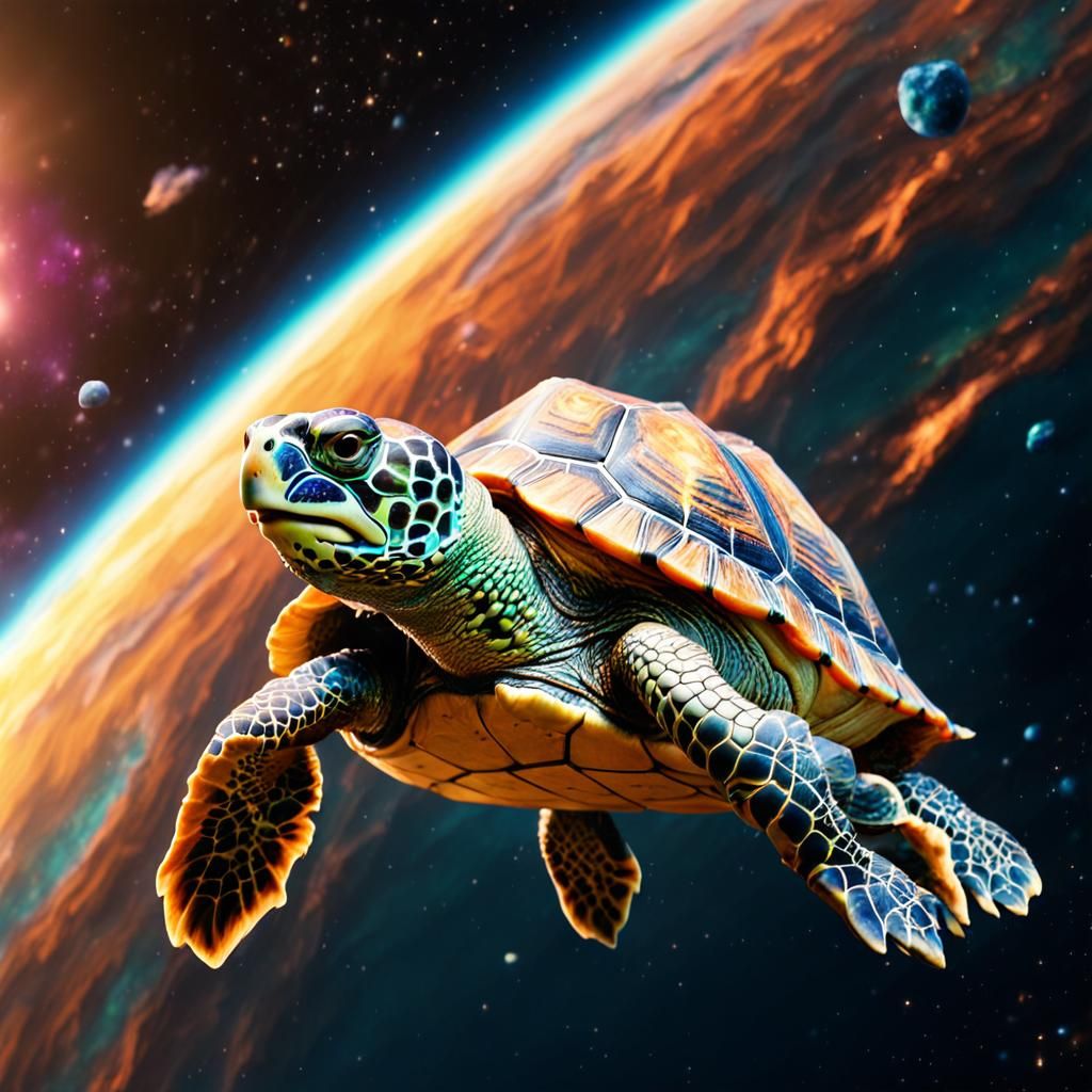 Colorful Turtle Flying Through Space in Hyperrealism