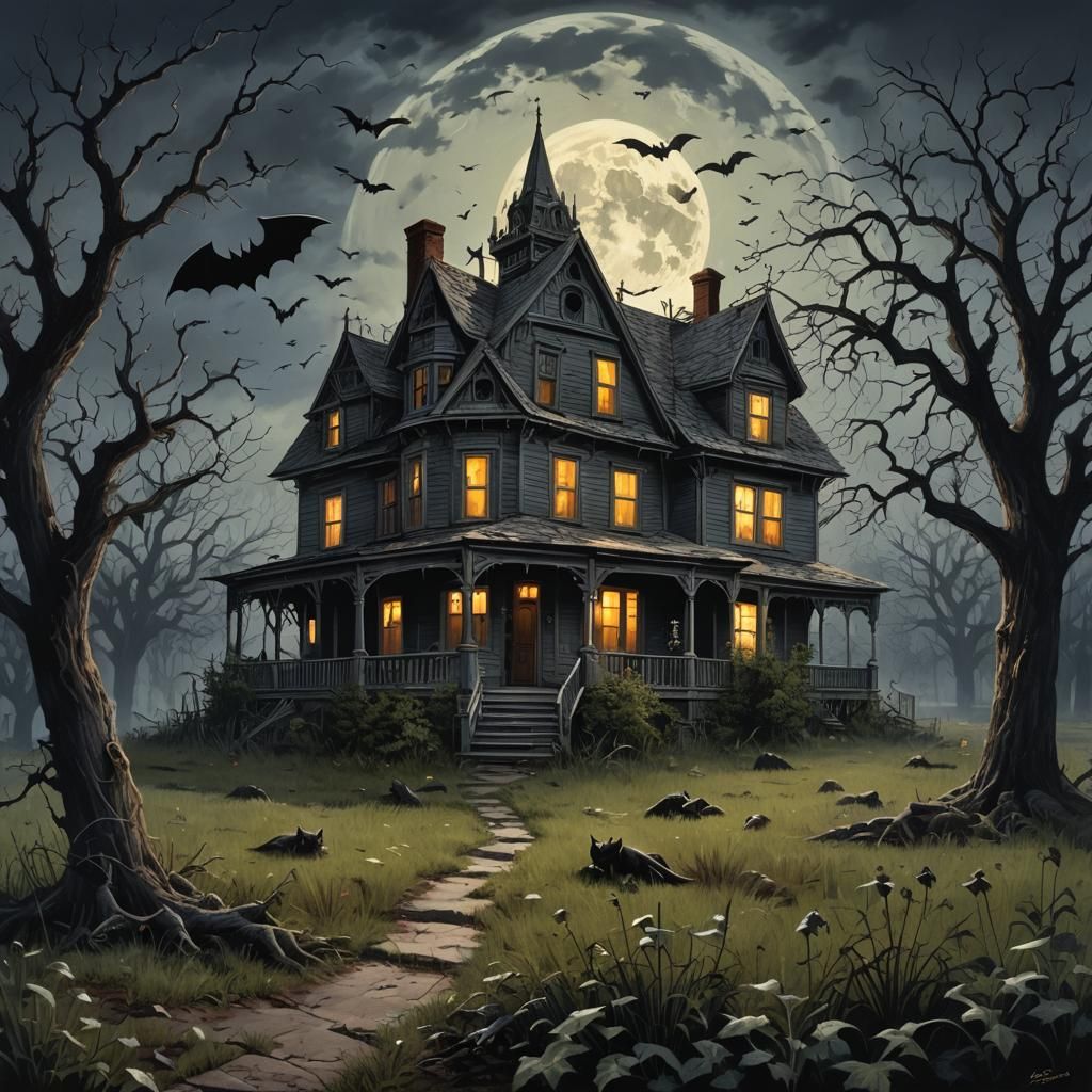 Spooky House with Werewolf and Bats