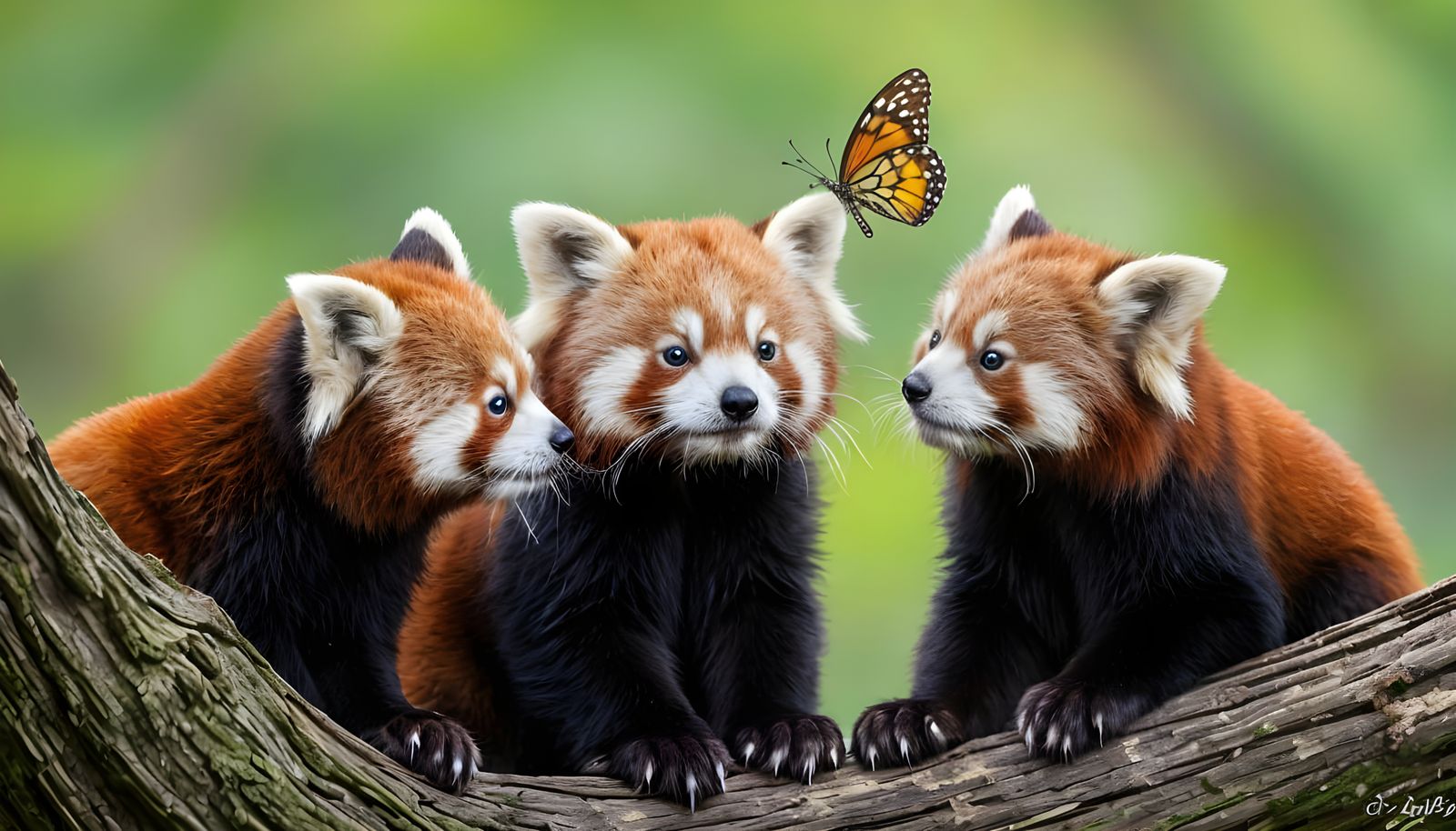 Curious Red Pandas Observe Butterfly in Semitropical Tree