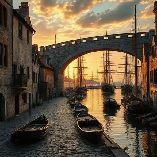 18th Century European Harbor at Sunset