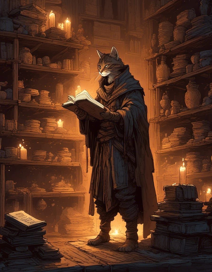 Mystical Catfolk Mage in Dimly Lit Chamber