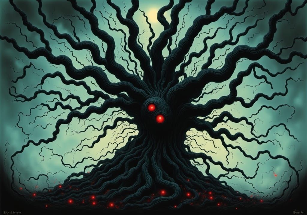 Haunted Forest: Twisted Tree with Glowing Eyes