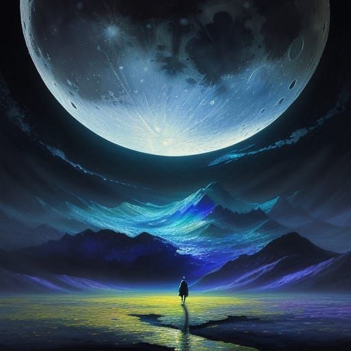 Ethereal Moonlit Path to Mountains in Watercolor Impasto Sty...