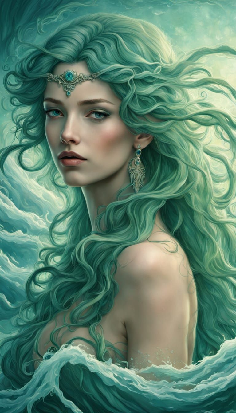 Ethereal Goddess of the Ocean in Stipple Art