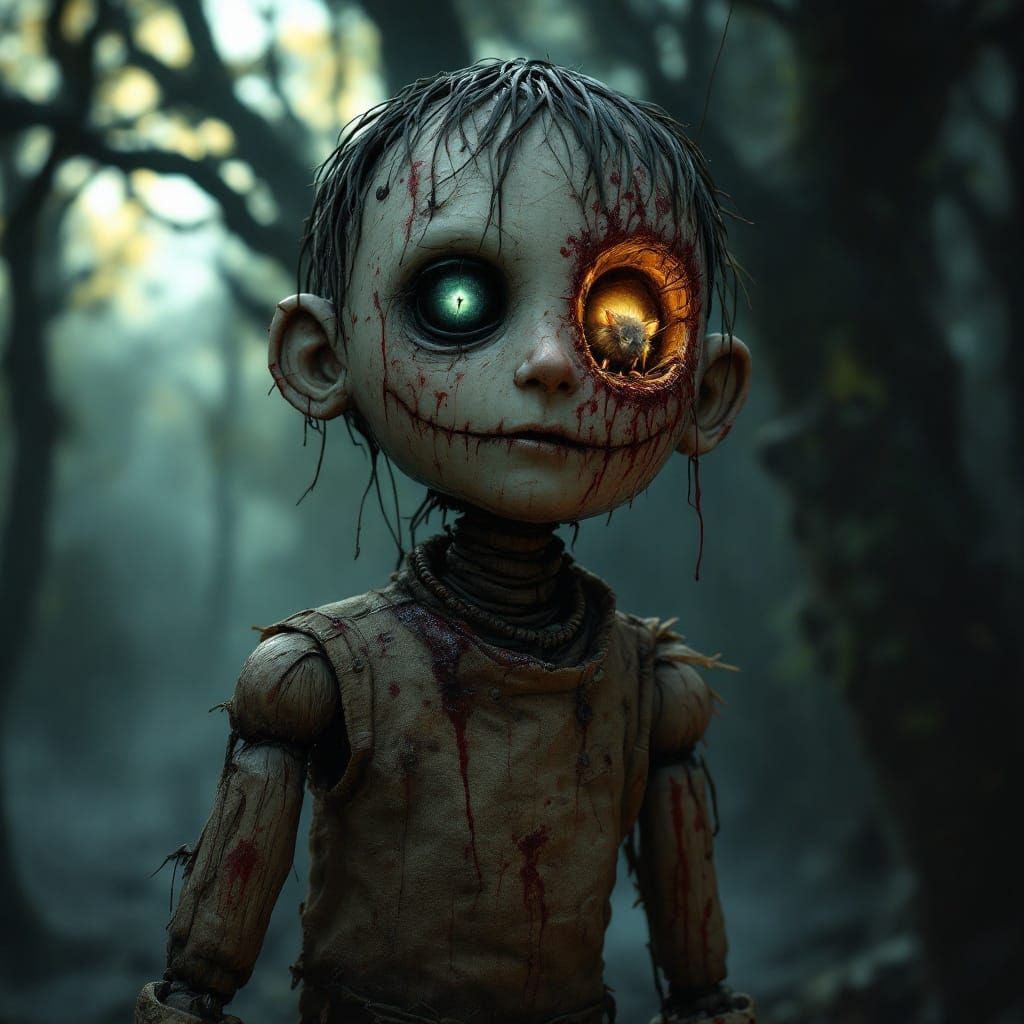Macabre Puppet Boy in Haunting Dark Fantasy Setting
