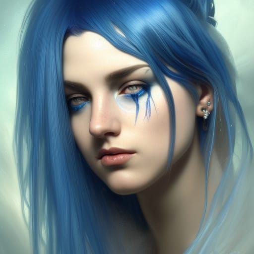 Fantasy Woman with Waterfall Blue Hair