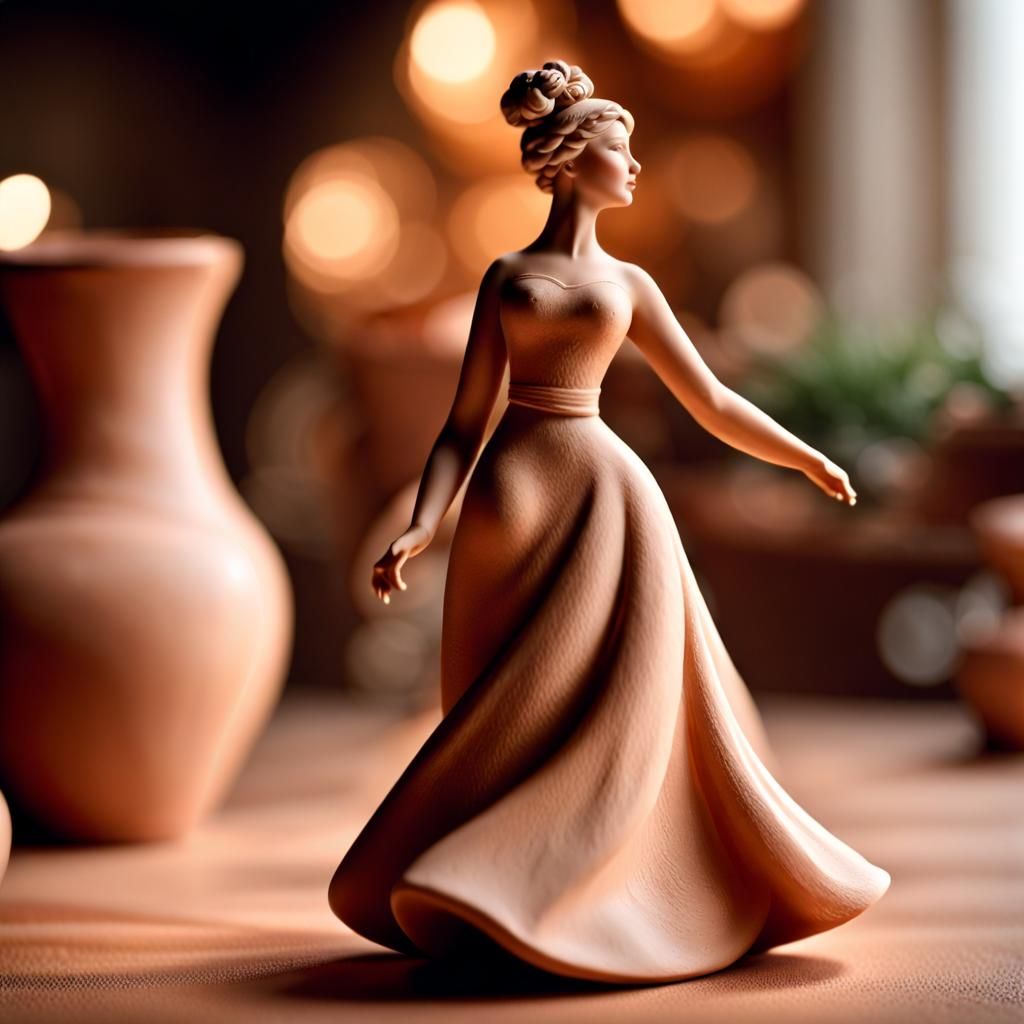 Dancing Woman Clay Figurine in Photorealistic Style