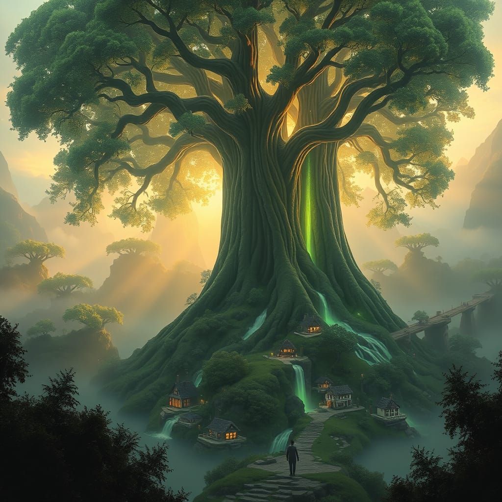 Majestic Ancient Tree With Glowing Roots And Waterfalls