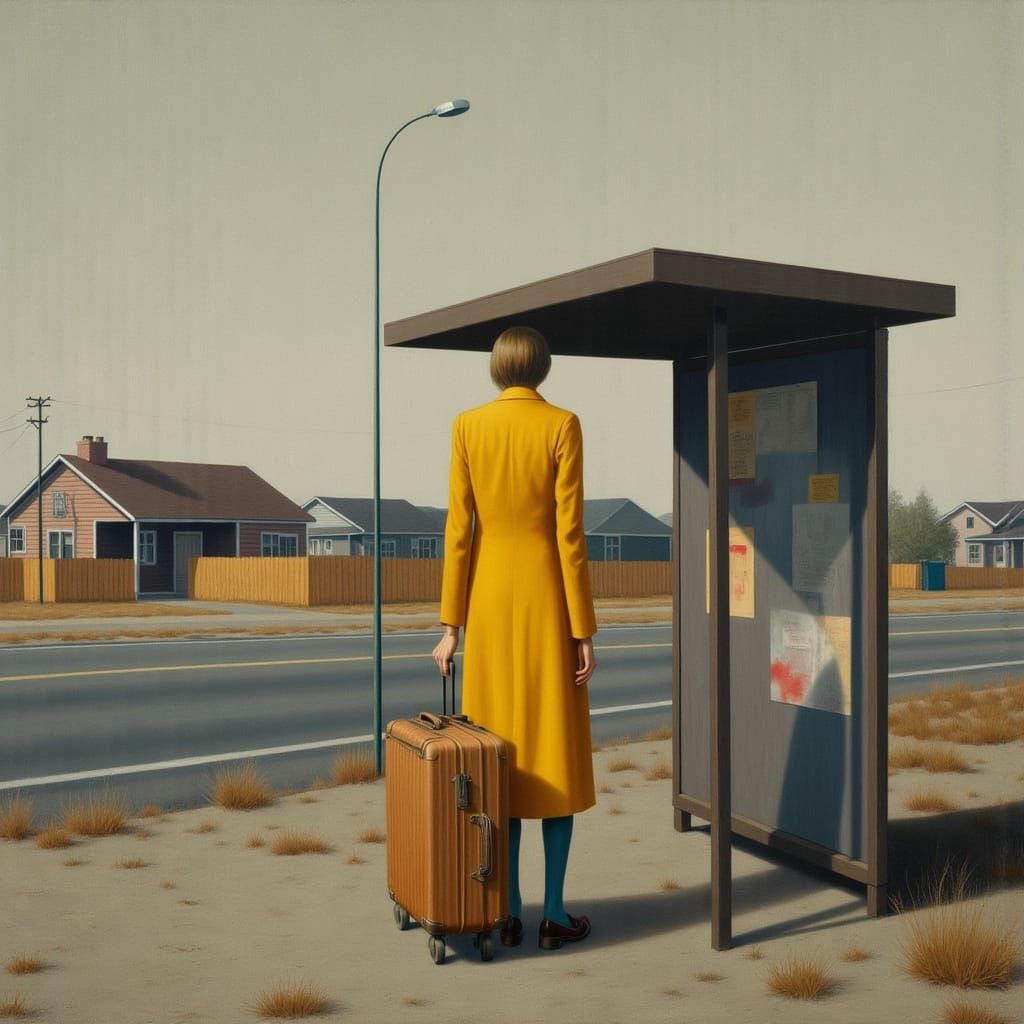 Woman at Bus Stop in Edward Hopper Style