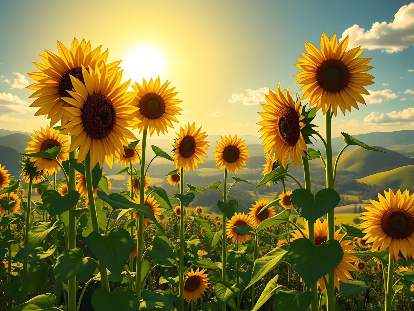 Sunflowers in Vibrant Cubist Landscape