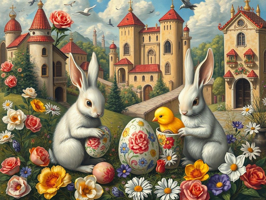Rabbits Paint Easter Eggs in Renaissance Landscape