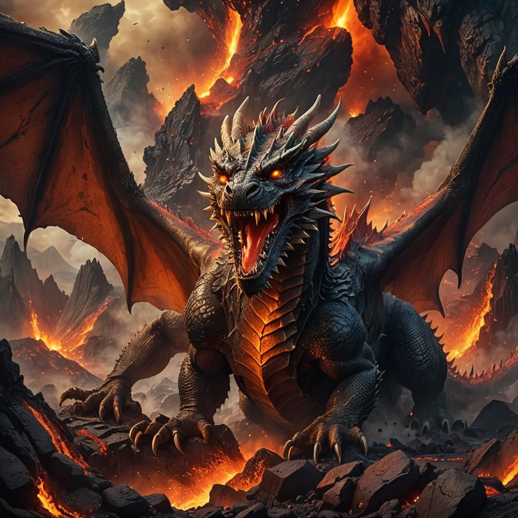 Majestic Dragon Emerges from Fiery Volcano