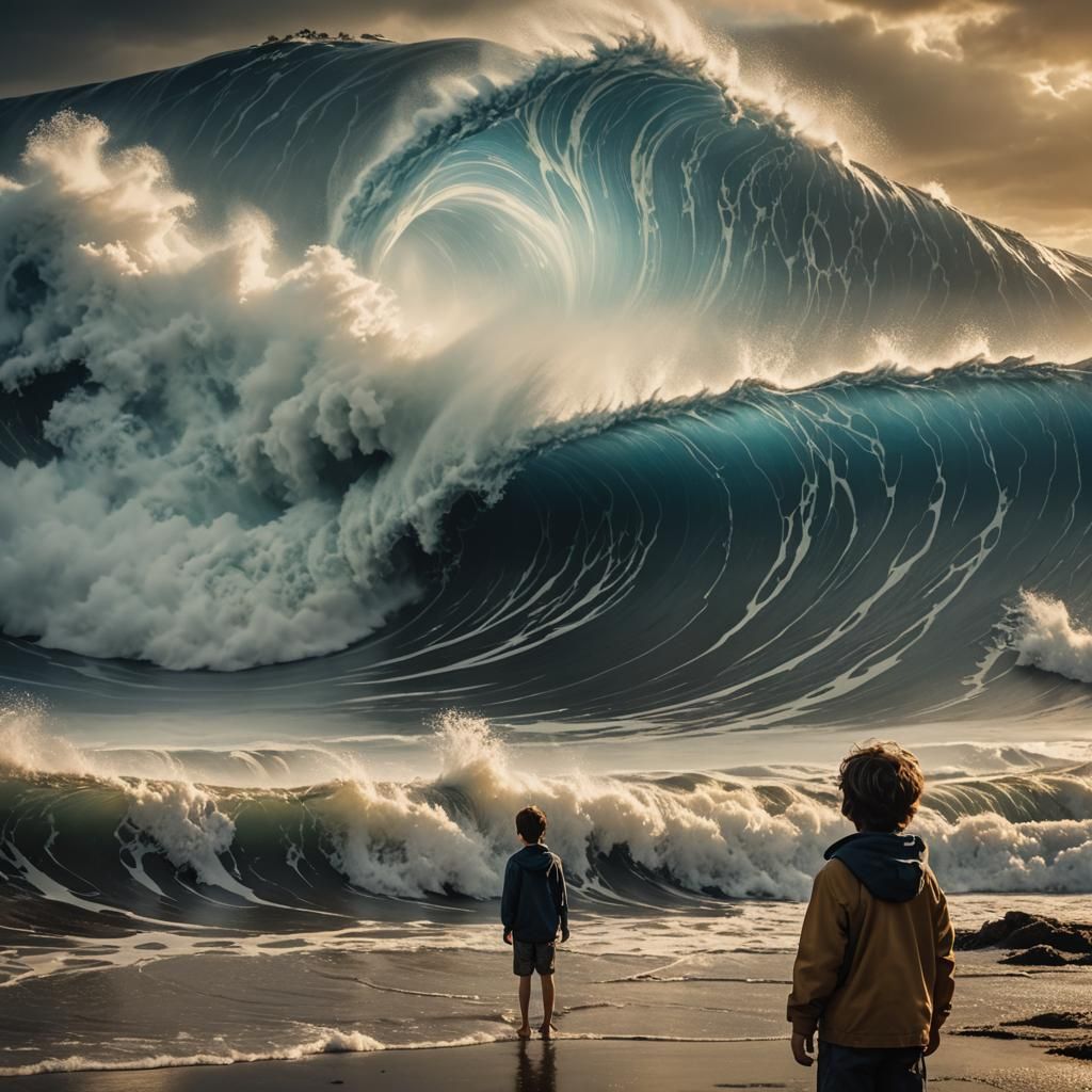 Boy and Tsunami Wave in Cinematic Style
