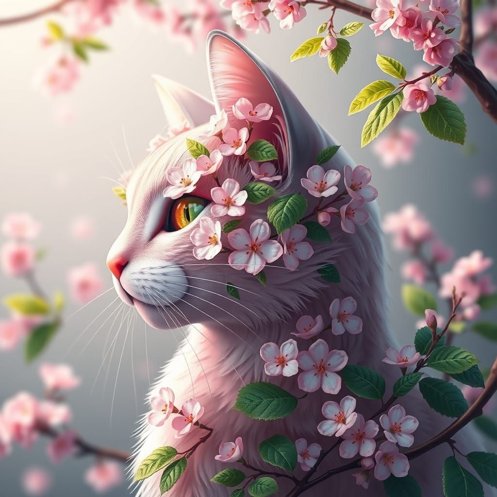 Majestic Cat Outline With Cherry Blossoms