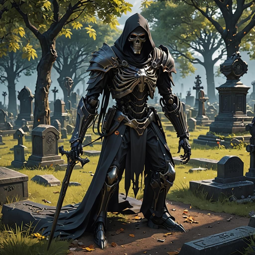 Cybernetic Grim Reaper in Graveyard: 3D Anime Art