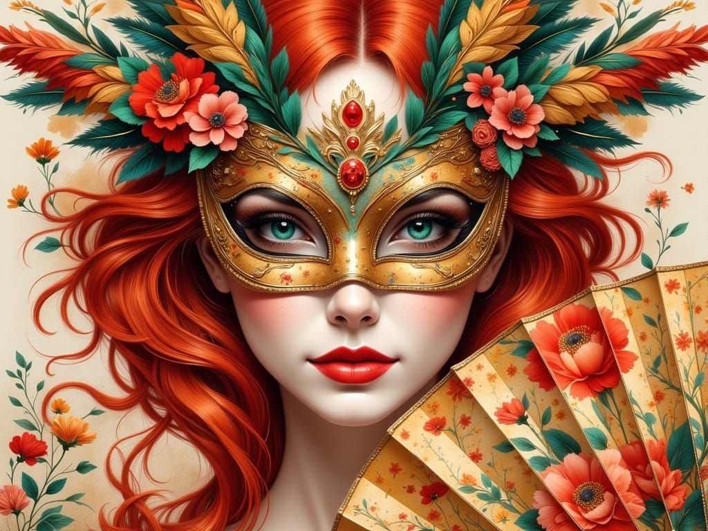 Anime Woman with Venetian Mask and Oriental Fan