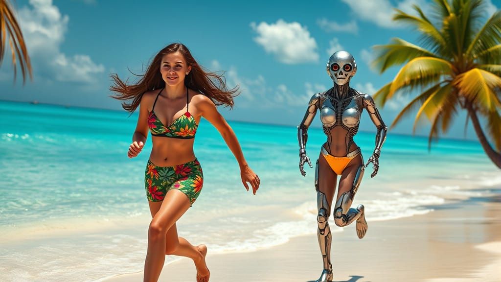 Tropical Beach with Twin Sisters in Vibrant Bathing Suits an...