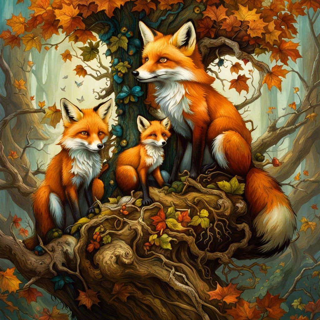 Fox family in Maple tree