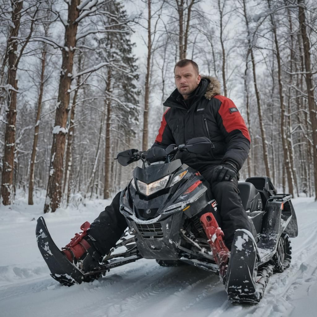 Confident Slavic Man on Snowmobile in Winter Landscape