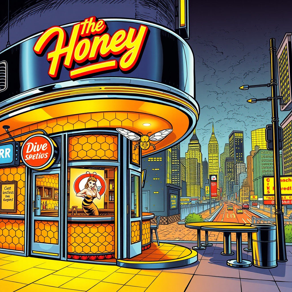The Honey Hive: 1950s Dive Bar in Comic Book Style