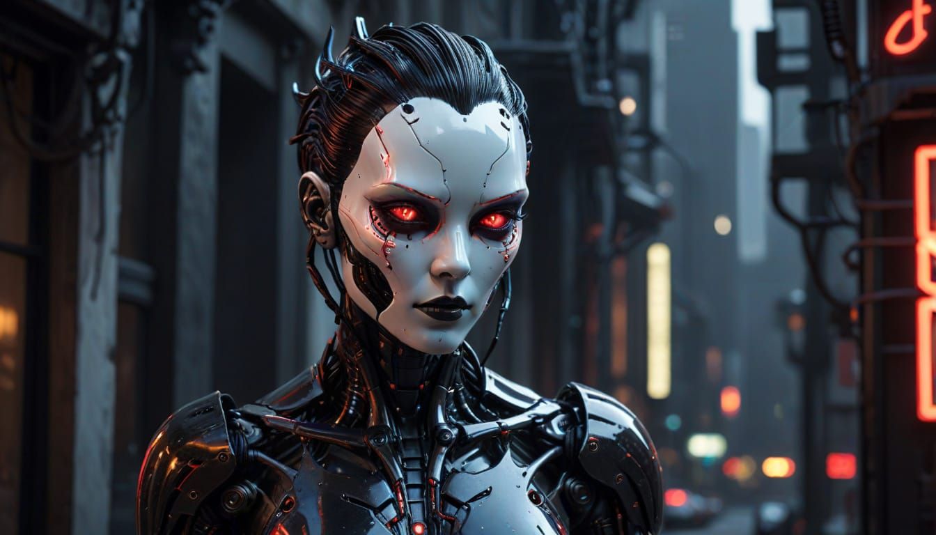 Frightening Gynoid Robot in Gothic Cyberpunk City