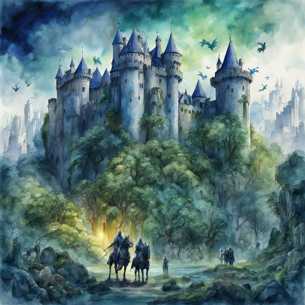 Knights Guarding Wilderness Castle Watercolour Illustration