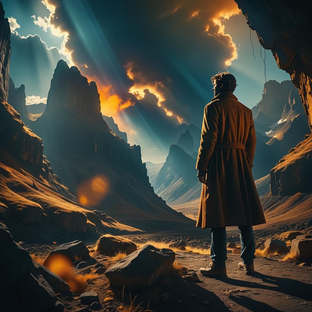 Dramatic Figure in Golden Landscape: Cinematic Film Still