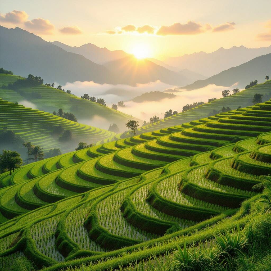 Misty Rice Terraces at Dawn in Golden Light